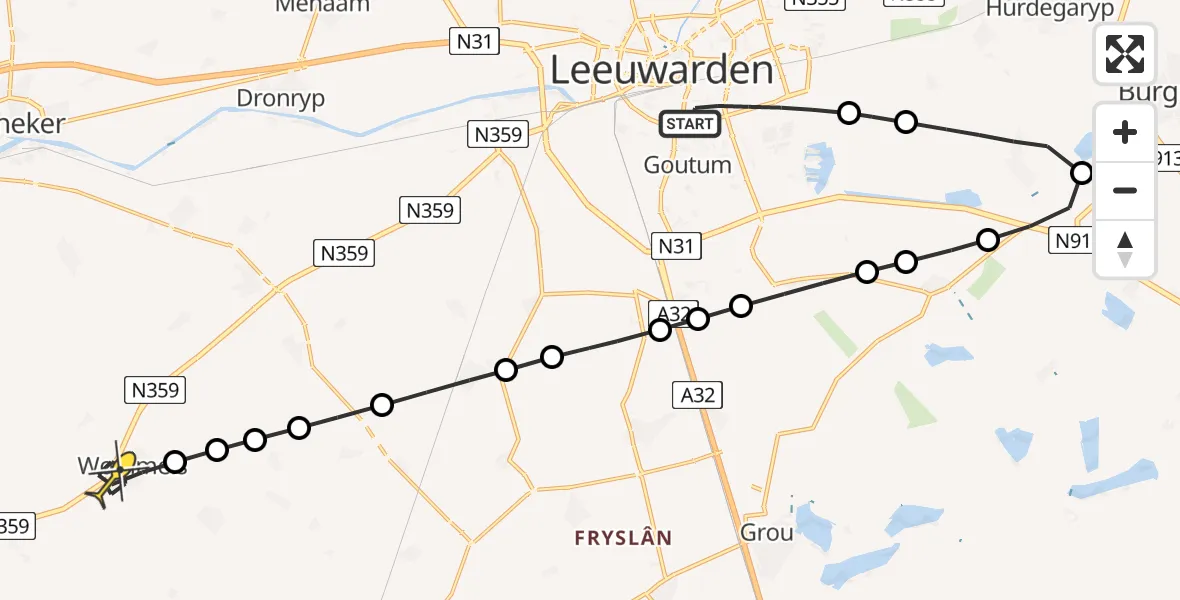 Routekaart van de vlucht: Lifeliner 4 naar Wommels, Tjallingaweg