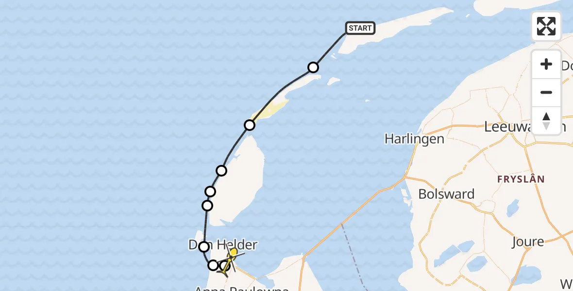 Routekaart van de vlucht: Kustwachthelikopter naar Vliegveld De Kooy, Badweg West