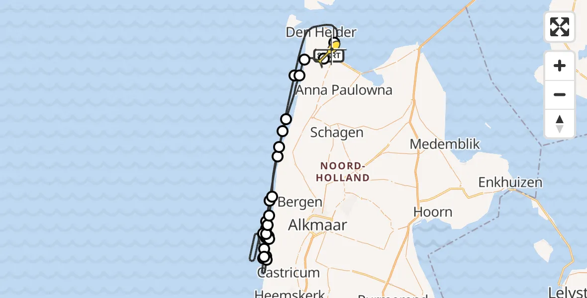 Routekaart van de vlucht: Kustwachthelikopter naar Vliegveld De Kooy, Oostoeverweg