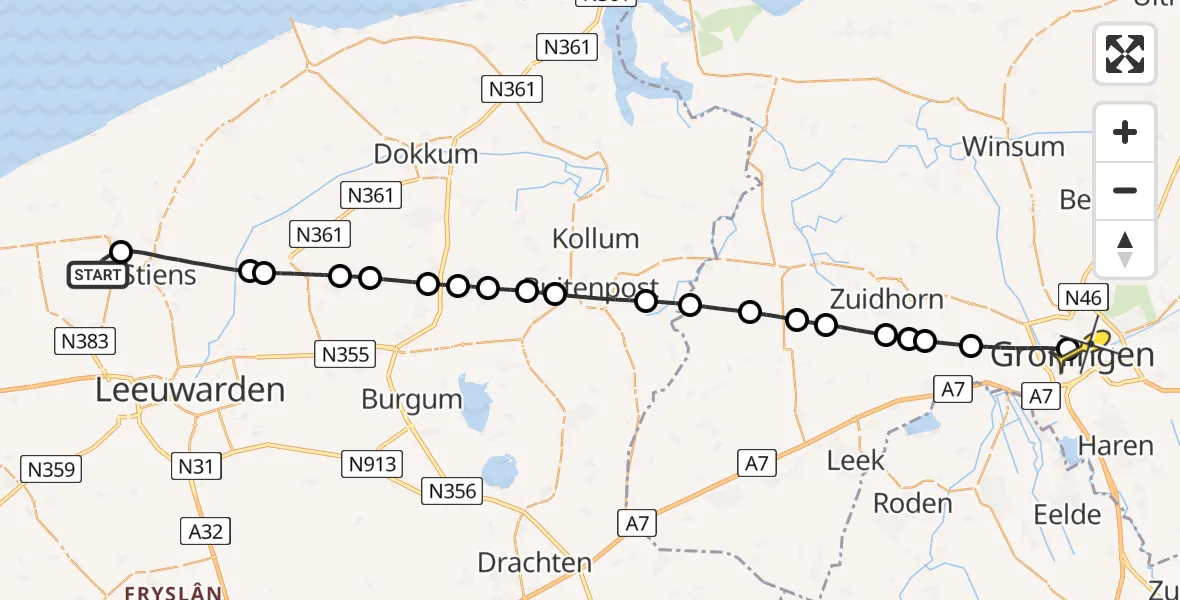 Routekaart van de vlucht: Lifeliner 4 naar Universitair Medisch Centrum Groningen, Stienzer Hegedyk