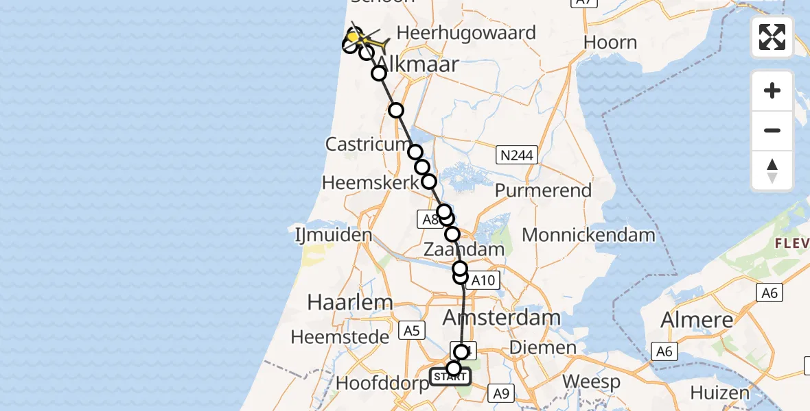 Routekaart van de vlucht: Politieheli naar Bergen, Halim P.K. straat