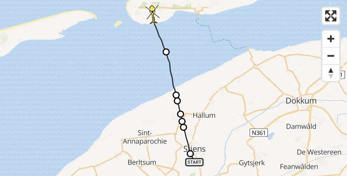 Routekaart van de vlucht: Ambulancehelikopter naar Ballum, Brédyk