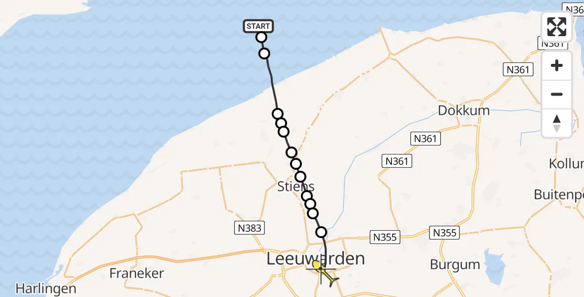 Routekaart van de vlucht: Ambulanceheli naar Leeuwarden, Aldlânsdyk