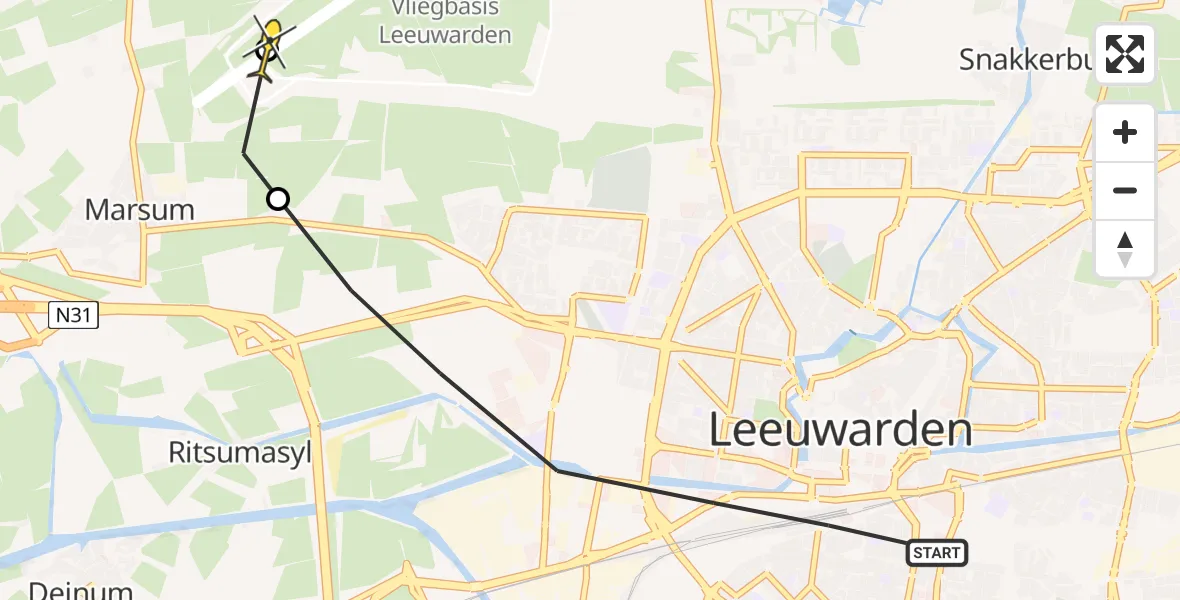 Routekaart van de vlucht: Ambulancehelikopter naar Vliegbasis Leeuwarden, Marshallweg