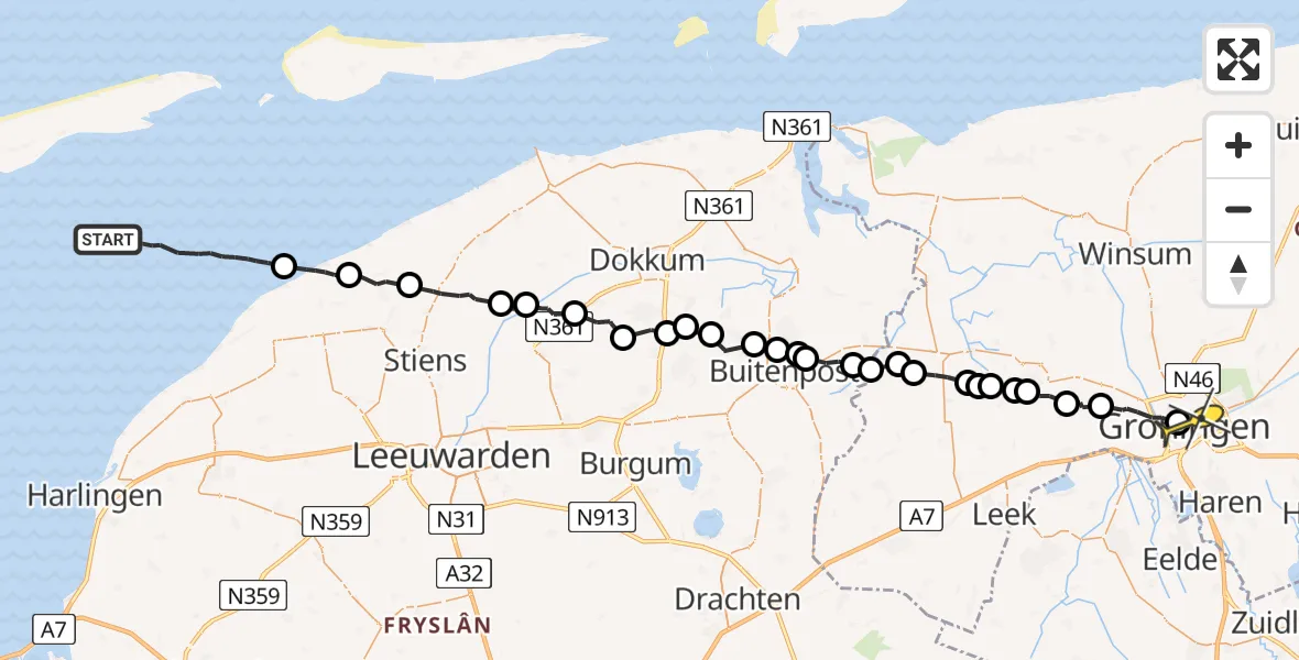 Routekaart van de vlucht: Ambulancehelikopter naar Universitair Medisch Centrum Groningen, Oostersingel