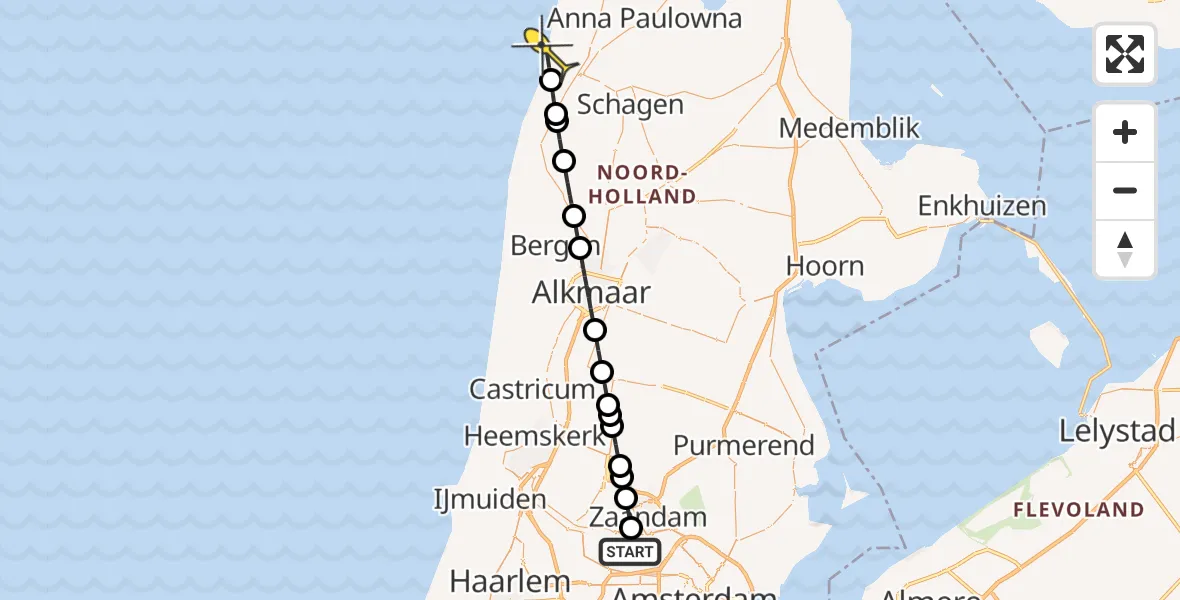 Routekaart van de vlucht: Lifeliner 1 naar Callantsoog, Grote Tocht