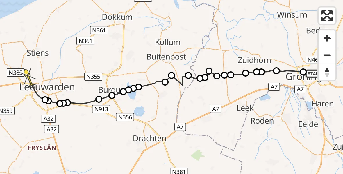 Vluchtroute Ambulancehelikopter van Universitair Medisch Centrum Groningen naar Leeuwarden