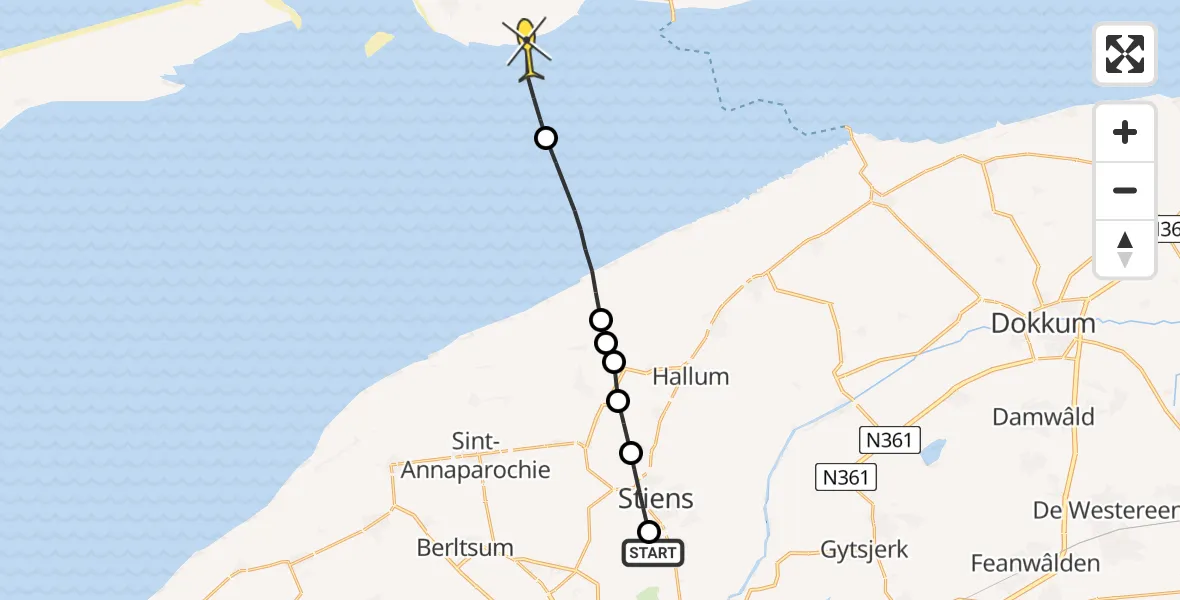 Routekaart van de vlucht: Ambulanceheli naar Ballum, Moundyk