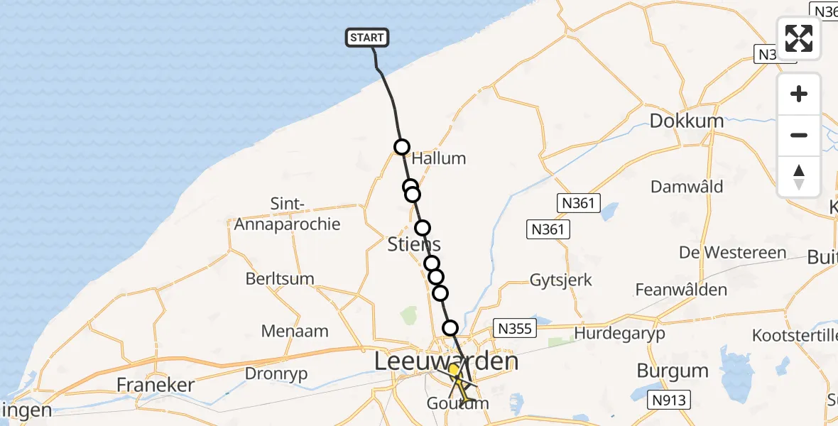 Routekaart van de vlucht: Ambulanceheli naar Leeuwarden, Borniastraat