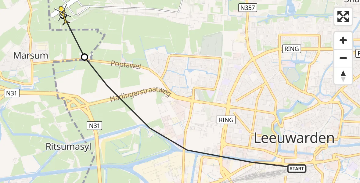 Vluchtroute Ambulancehelikopter van Leeuwarden naar Leeuwarden
