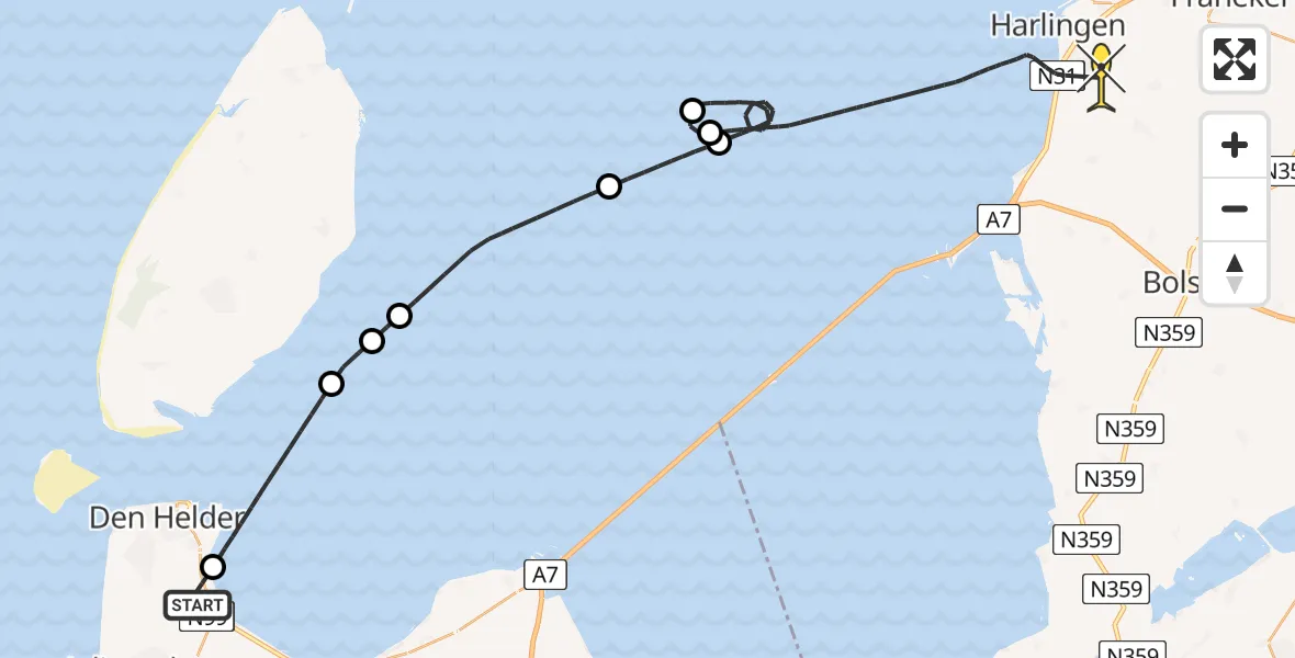 Routekaart van de vlucht: Kustwachthelikopter naar Harlingen, Oostoeverweg