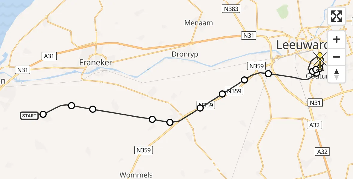 Routekaart van de vlucht: Kustwachthelikopter naar Leeuwarden, Ludingaweg