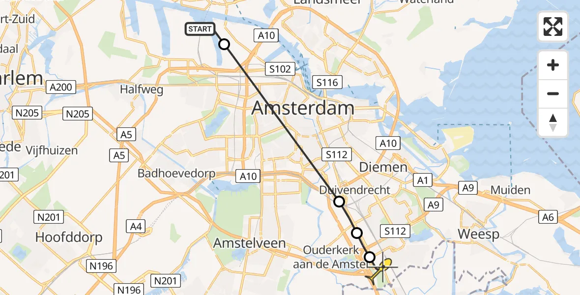 Routekaart van de vlucht: Lifeliner 1 naar Academisch Medisch Centrum (AMC), Kajuitpad