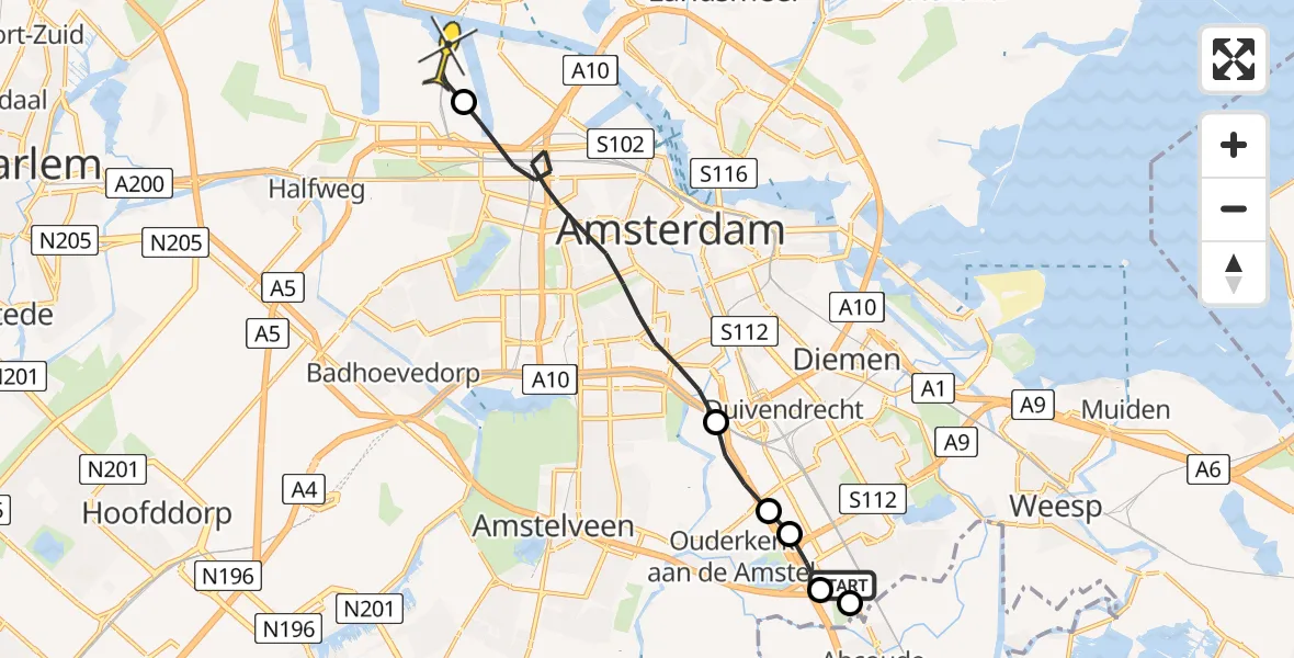 Routekaart van de vlucht: Lifeliner 1 naar Amsterdam Heliport, Hornweg