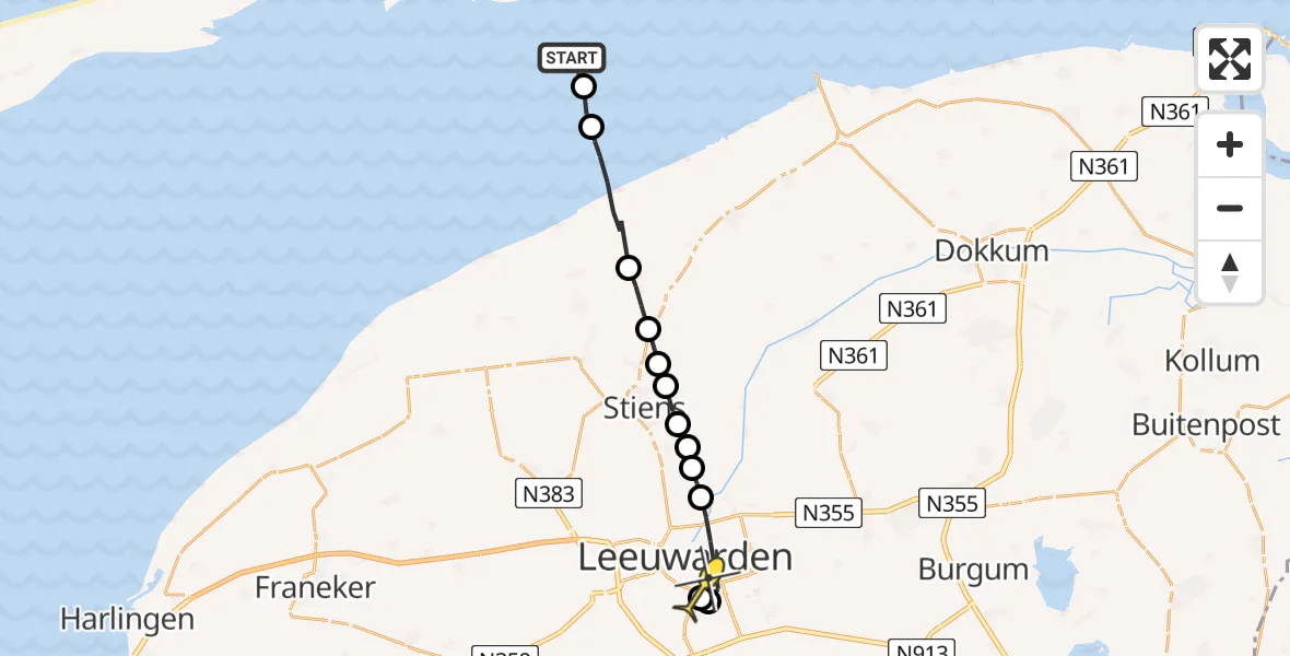 Routekaart van de vlucht: Ambulanceheli naar Leeuwarden, Borniastraat