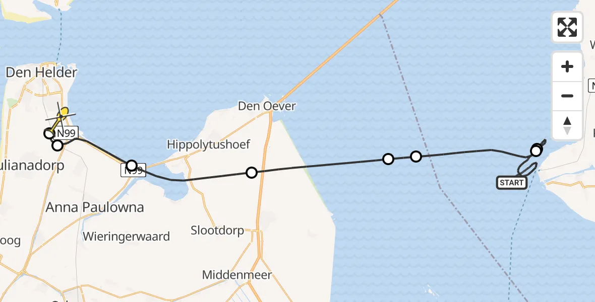 Routekaart van de vlucht: Kustwachthelikopter naar Vliegveld De Kooy, Vaargeul naar Stavoren