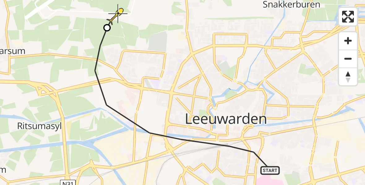 Vluchtroute Ambulancehelikopter van Leeuwarden naar Vliegbasis Leeuwarden