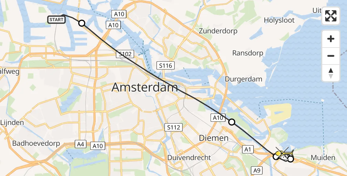 Routekaart van de vlucht: Lifeliner 1 naar Muiden, Westhavenweg