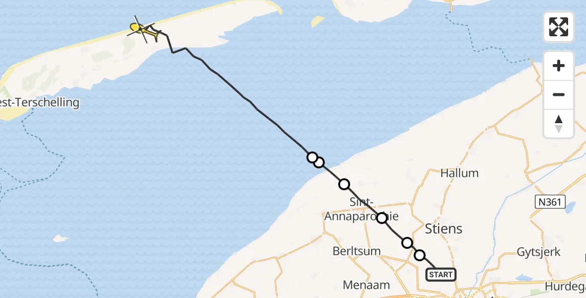 Routekaart van de vlucht: Ambulancehelikopter naar Oosterend, Keegsdijkje