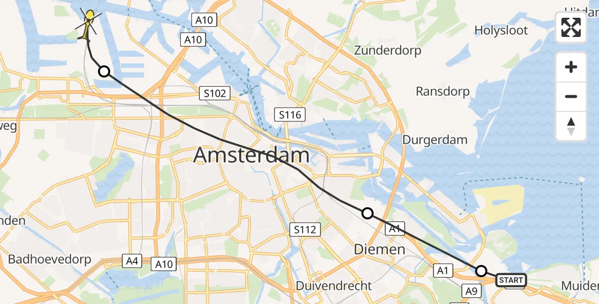 Routekaart van de vlucht: Lifeliner 1 naar Amsterdam Heliport, Overdiemerweg