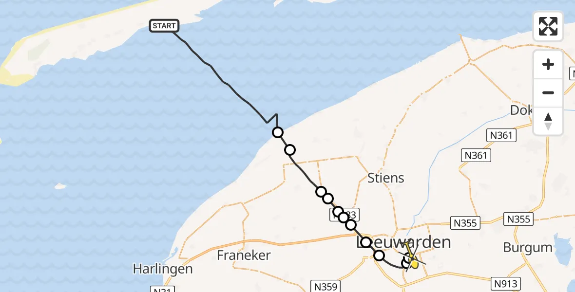 Routekaart van de vlucht: Ambulanceheli naar Leeuwarden, Rimkeskooi