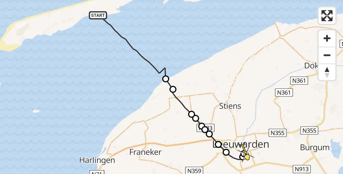Routekaart van de vlucht: Ambulancehelikopter naar Leeuwarden, Rimkeskooi