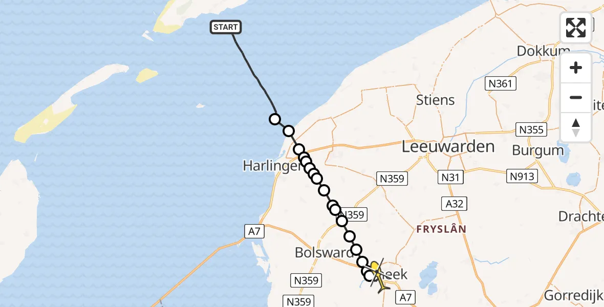 Routekaart van de vlucht: Ambulanceheli naar Sneek, Riepel