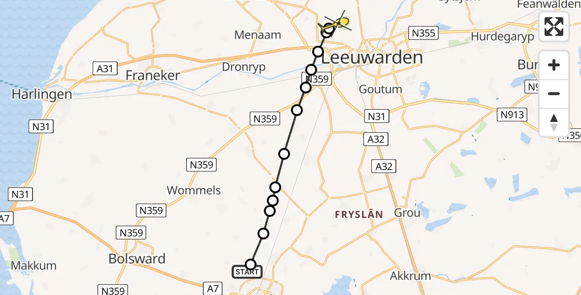 Routekaart van de vlucht: Ambulanceheli naar Vliegbasis Leeuwarden, Ivige Leane