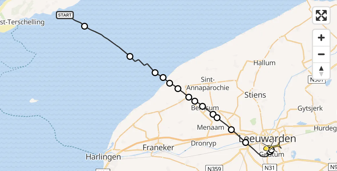 Routekaart van de vlucht: Ambulanceheli naar Leeuwarden, Aldlânsdyk