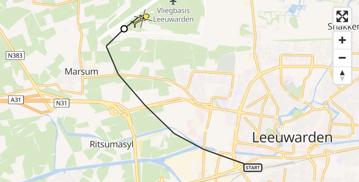 Vluchtroute Ambulancehelikopter van Leeuwarden naar Vliegbasis Leeuwarden