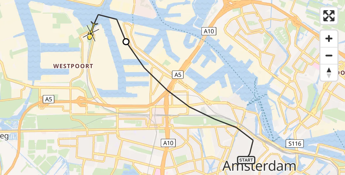 Routekaart van de vlucht: Lifeliner 1 naar Amsterdam Heliport, Nassauplein