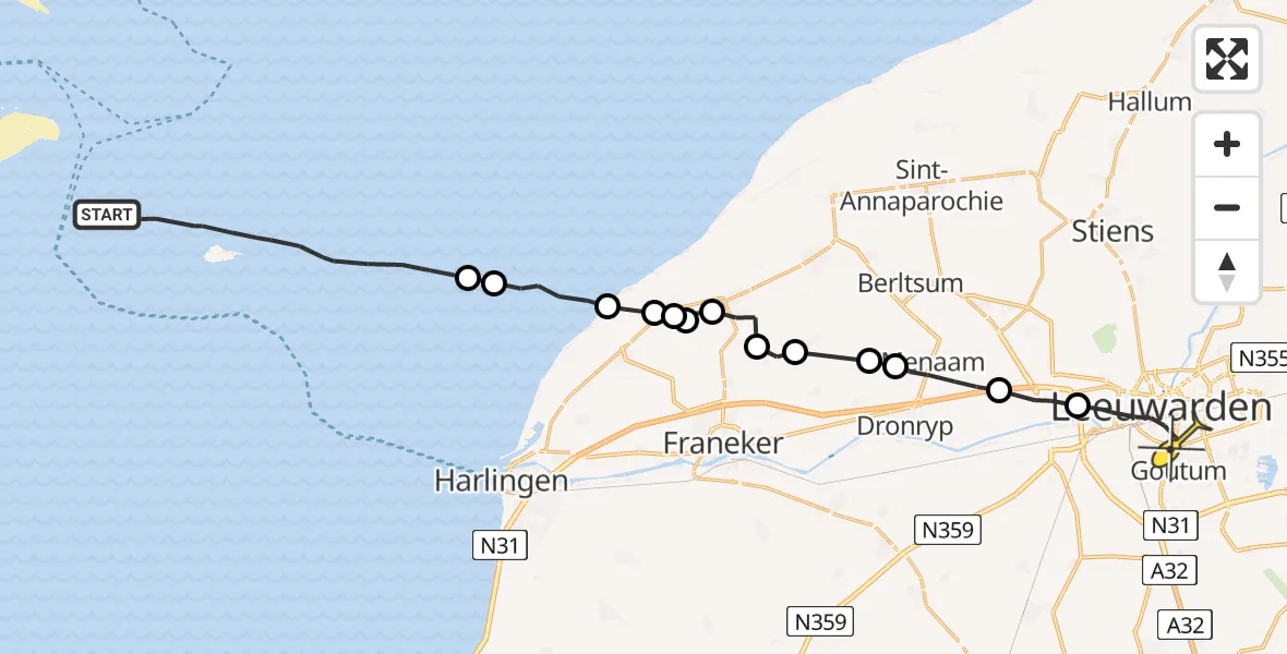 Routekaart van de vlucht: Ambulanceheli naar Leeuwarden, Borniastraat