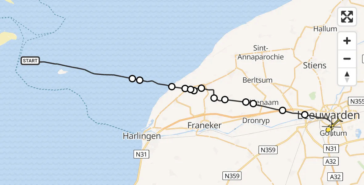Routekaart van de vlucht: Ambulancehelikopter naar Leeuwarden, Borniastraat