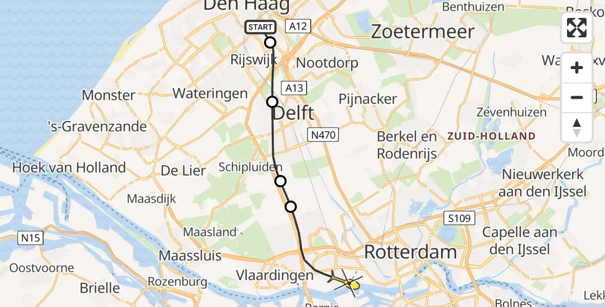 Routekaart van de vlucht: Politieheli naar Schiedam, Emmastraat