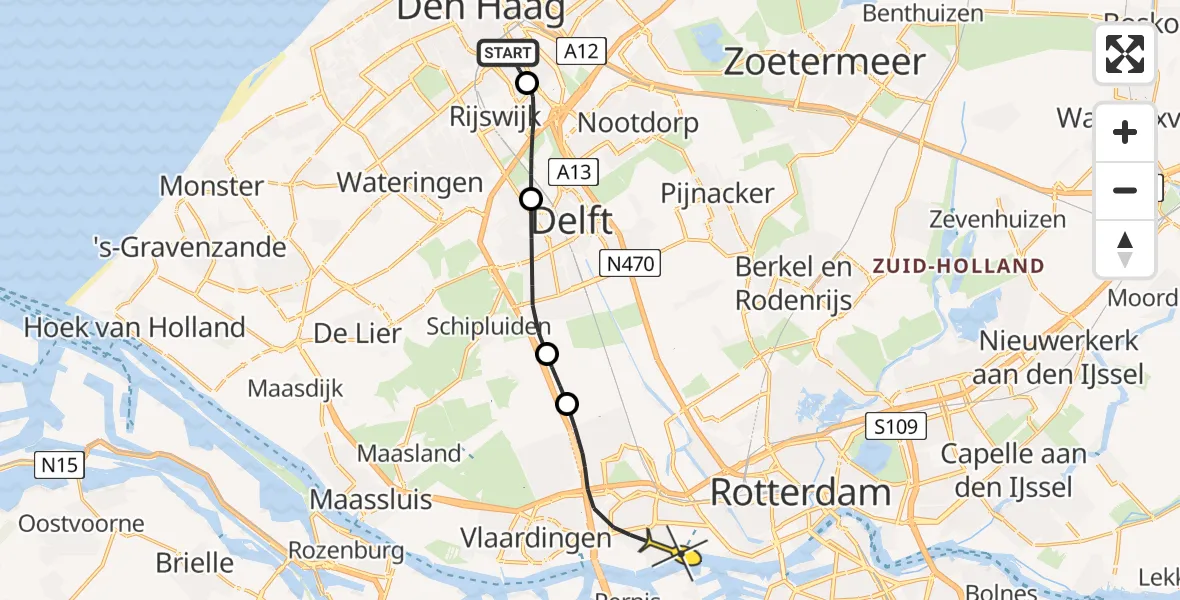 Routekaart van de vlucht: Politiehelikopter naar Schiedam, Emmastraat