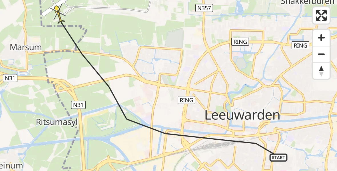Vluchtroute Ambulancehelikopter van Leeuwarden naar Leeuwarden