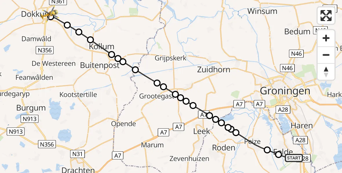 Vluchtroute Traumahelikopter Groningen Airport Eelde - Wâlterswâld, 02 augustus 2024, 12:18
