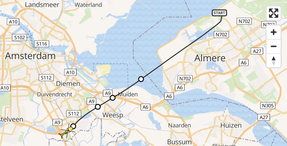 Routekaart van de vlucht: Lifeliner 1 naar Academisch Medisch Centrum (AMC), Damsluisweg