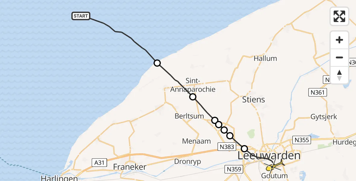 Routekaart van de vlucht: Ambulanceheli naar Leeuwarden, Aldlânsdyk