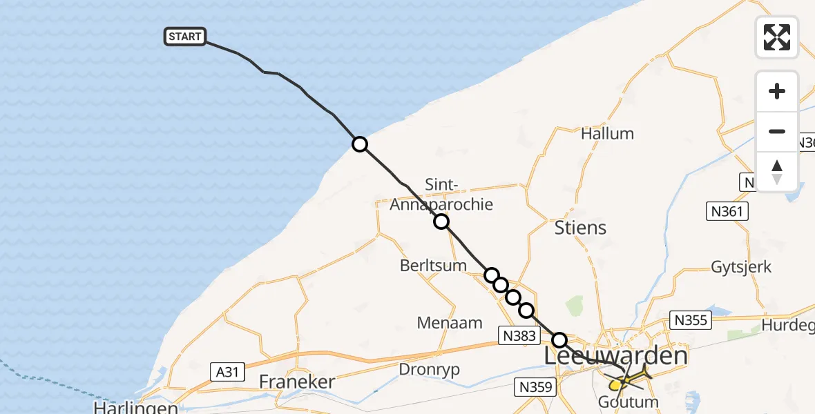 Routekaart van de vlucht: Ambulancehelikopter naar Leeuwarden, Aldlânsdyk