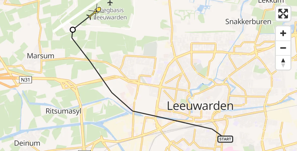 Vluchtroute Ambulancehelikopter van Leeuwarden naar Vliegbasis Leeuwarden