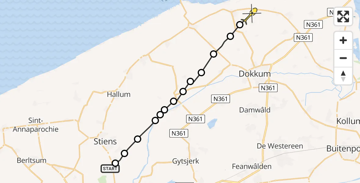 Routekaart van de vlucht: Ambulanceheli naar Ternaard, Aldlânsdyk