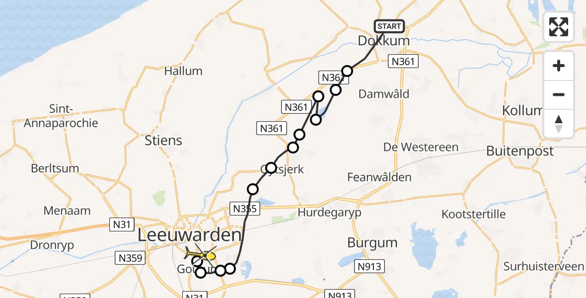 Routekaart van de vlucht: Ambulanceheli naar Leeuwarden, Geastmer Mar