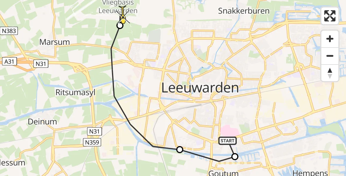 Vluchtroute Ambulancehelikopter van Leeuwarden naar Vliegbasis Leeuwarden