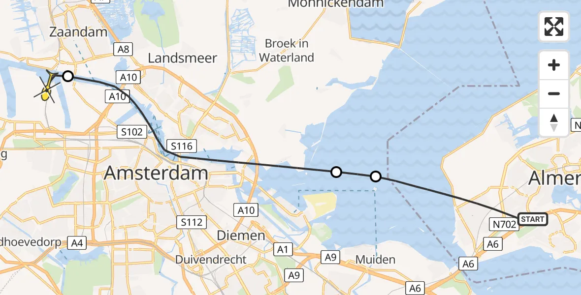 Routekaart van de vlucht: Lifeliner 1 naar Amsterdam Heliport, Hogering