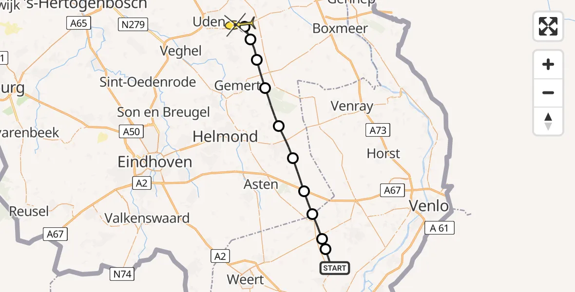 Routekaart van de vlucht: Lifeliner 3 naar Vliegbasis Volkel, Schansdijk