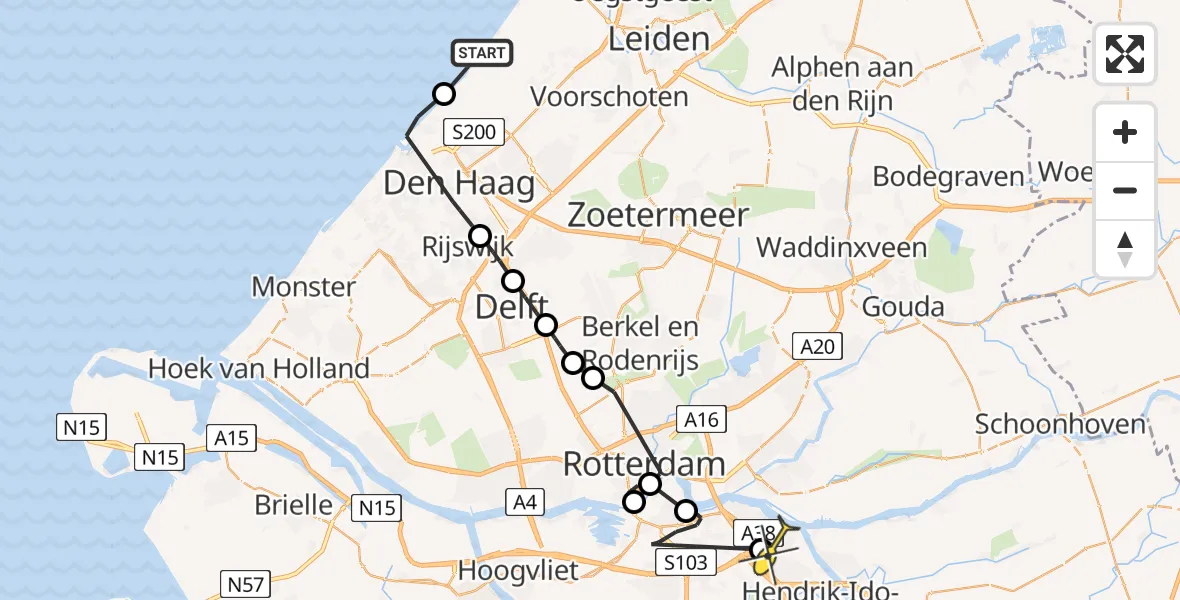 Routekaart van de vlucht: Politiehelikopter naar Ridderkerk, Wassenaar 1 Meijendel