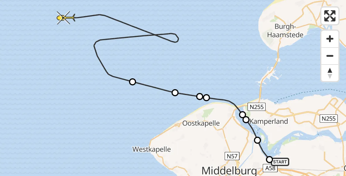 Routekaart van de vlucht: Kustwachthelikopter naar Zandkreekplaatweg