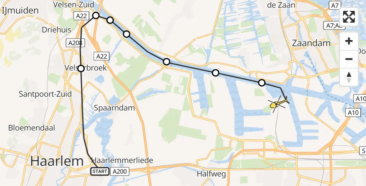 Routekaart van de vlucht: Lifeliner 1 naar Amsterdam Heliport, Centrale watergang Waarderpolder