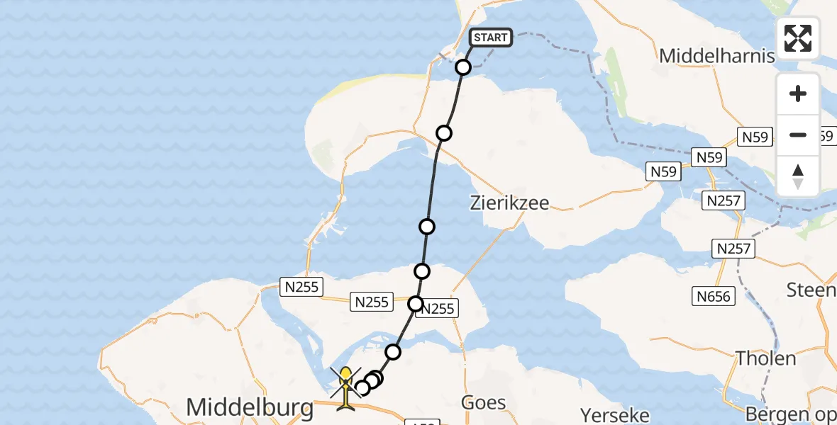 Routekaart van de vlucht: Kustwachthelikopter naar Vliegveld Midden-Zeeland, Hompelgeul